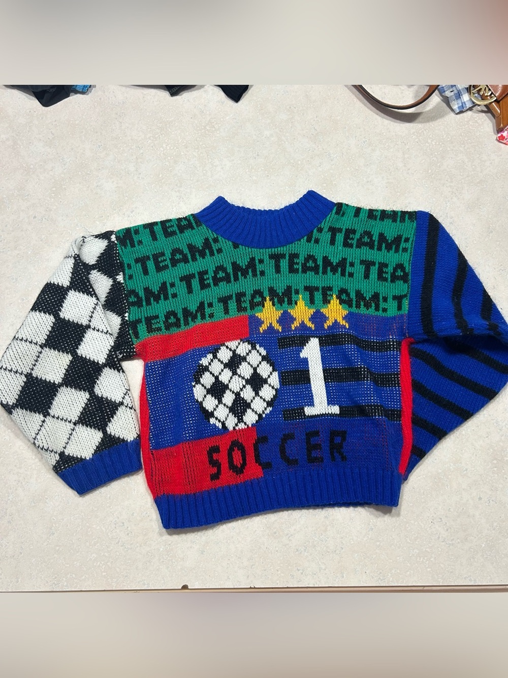 Colorblock 'Team Soccer' Knit Sweater - Blue/Green/Red
